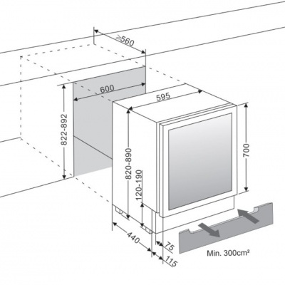 Desenho técnico de forno encastrável com medidas para instalação
