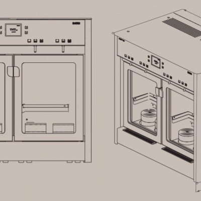 Desenho técnico de forno embutido com duas portas de vidro e painéis de controlo
