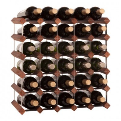 Suporte de garrafas de vinho metálico branco com separadores de madeira e várias garrafas empilhadas