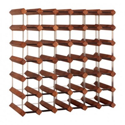 Estante modular em madeira escura com múltiplas prateleiras e suportes metálicos