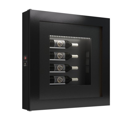 Frigorífico de vinhos preto com porta de vidro e quatro garrafas dentro