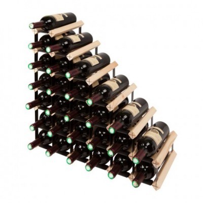 Suporte modular para garrafas de vinho com estrutura metálica e prateleiras de madeira clara