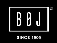 Logotipo branco BØJ com texto SINCE 1905 em fundo preto