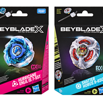 Two Beyblade X toy packages with blue and red spinning tops on black background