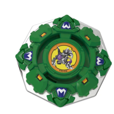 Peão de brinquedo verde com figura robótica central e texto em japonês.