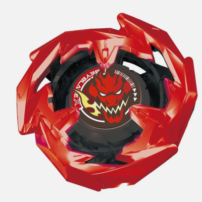 Red and black Beyblade spinning top with demon face and text BEYBLADE EX