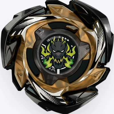 Black and gold Beyblade burst top with fiery green and yellow dragon face at center