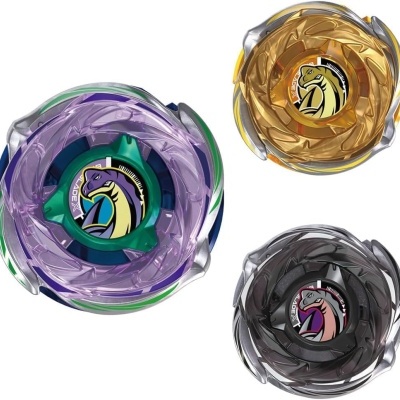 Three colored Beyblade tops with dinosaur logos and BLADE X text.