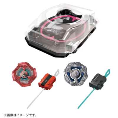 Peças de brinquedo Beyblade coloridas e embalagem transparente e preta