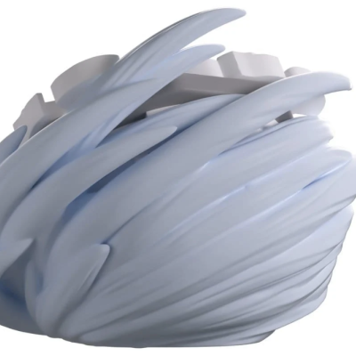 Abstract white and grey 3D object with petal-like blades around a gear core