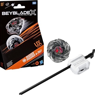Beyblade X Rudder Phoenix 4-70LF spinning top with launcher and packaging