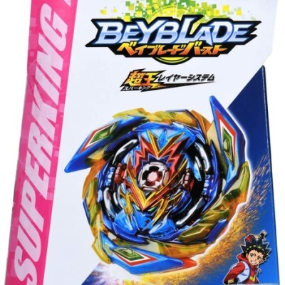 Embalagem Beyblade Superking B-163 colorida com texto e personagem animado