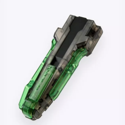 Black and green translucent plastic handheld device on white background