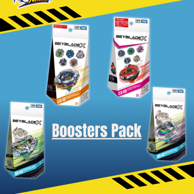 Beyblade Nexus Beyblade X booster pack toy packaging with colorful spinning tops on blue and yellow background.