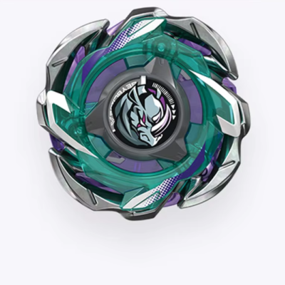 Pião Beyblade prateado com azul e roxo e desenho de rinoceronte
