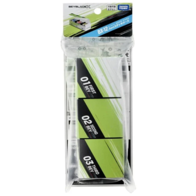 Packaged BeybladeX deck case with compartments labeled FIRST BEY, SECOND BEY, THIRD BEY by Takara Tomy