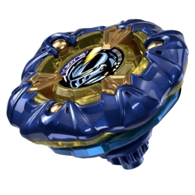 Brinquedo Beyblade azul e dourado em fundo branco