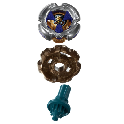 Three plastic parts of a Beyblade toy with dragon logo and gear-like shapes