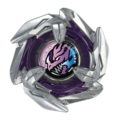 Metallic purple spinning top toy with claw-like arms and monster face design