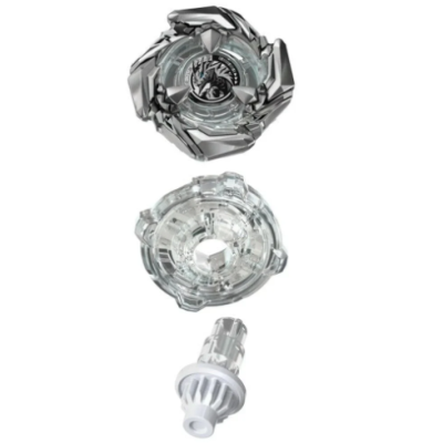 Disassembled silver and clear spinning top toy with dragon design