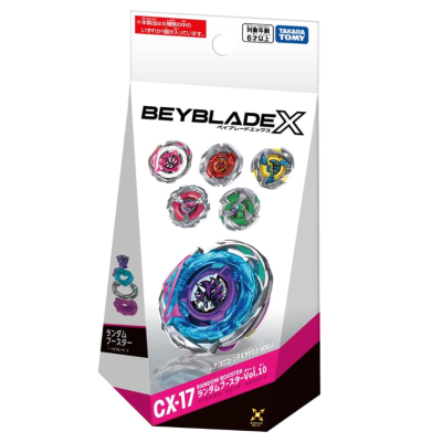 Beyblade X CX-17 Random Booster Vol.10 toy packaging with six colorful spinning tops displayed.