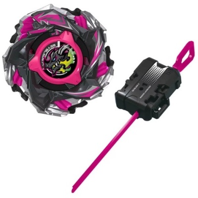 Pink, grey, and black spinning top toy with dragon logo and launcher on white background