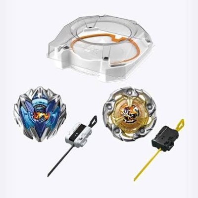 Toy spinning top set with two tops, launchers, and clear plastic stadium
