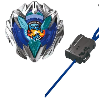 Silver and blue Beyblade top with dragon flame design and black launcher tool with blue ripcord