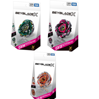 Three Beyblade X spinning tops in packaging with model numbers CX-14, CX-13, and CX-15.