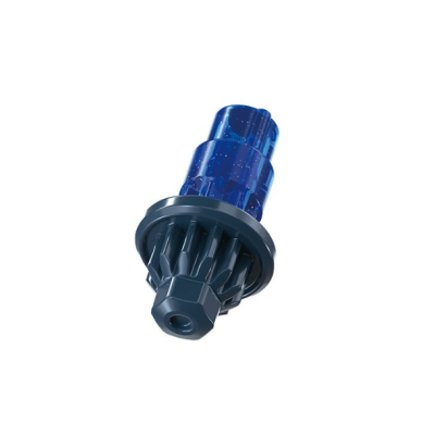 Blue translucent gear-like component with dark ridged base on white background