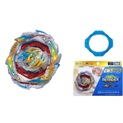 Multicolored Beyblade toy with blue ring and Takara Tomy packaging