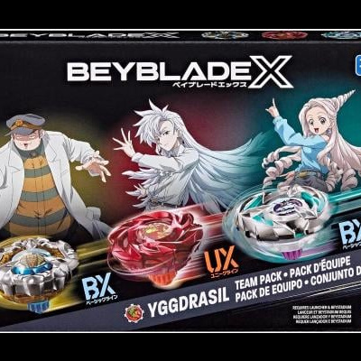 Beyblade X Yggdrasil team pack with three Beyblades and animated characters on the packaging
