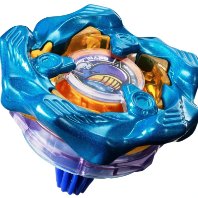 Blue and orange Beyblade spinning top toy with a central label showing a purple armored figure and text