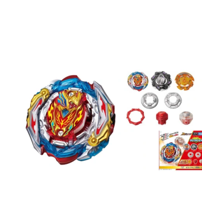 Multicolored spinning top toy with components and packaging
