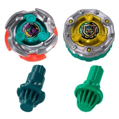 Two colorful toy spinning tops with metallic parts and teal plastic launcher rods