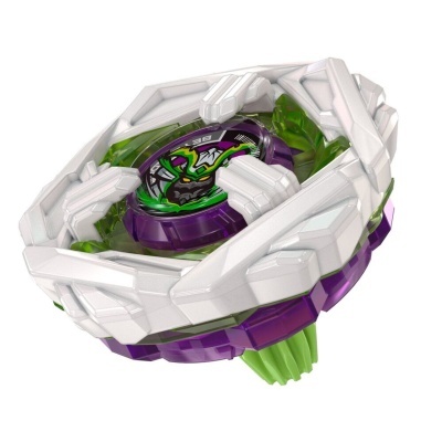 Peão Beyblade branco, verde translúcido e roxo com figura de dragão no centro