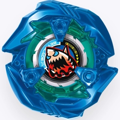 Blue and green Beyblade spinning top with shark logo and BEYBLADE X text