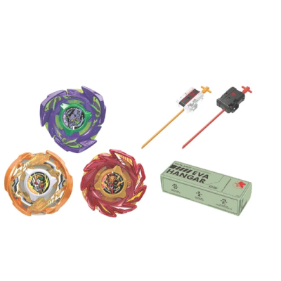 Three spinning tops with launchers and a green Mini EVA Hangar box