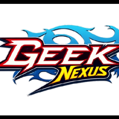 GEEK NEXUS colorful logo with blue tribal flame shapes on black background