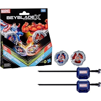 Beyblade X Marvel Captain America and Red Hulk spinning tops with launchers and packaging