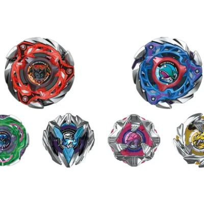Seis piões Beyblade coloridos dispostos em fundo branco.