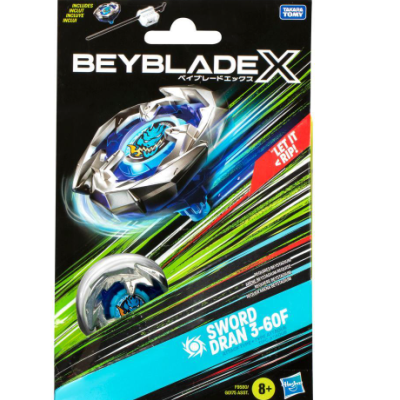 Embalagem BeybladeX preta com brinquedo metálico azul e detalhes verdes