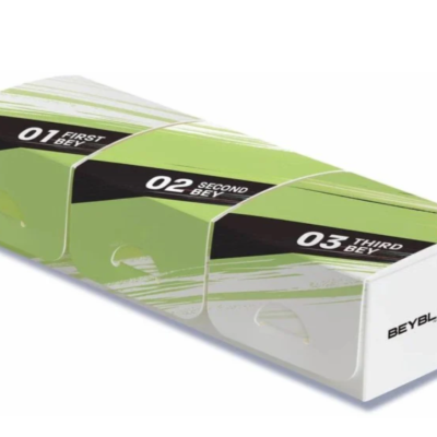 Green and white Beyblade storage box with three labeled compartments and BEYBLADE X branding