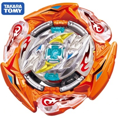 Pião de batalha TAKARA TOMY laranja com detalhes coloridos e design de lâminas