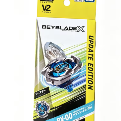 Beyblade X BX-00 spinning top toy in yellow Update Edition package with blue and silver colors and Takara Tomy branding.