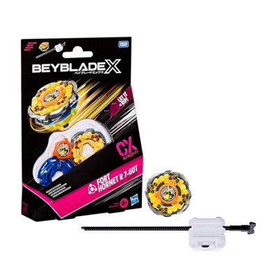 Beyblade X toy set with yellow and blue spinning top, white launcher, and ripcord in black and pink packaging