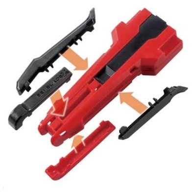 Red and black plastic tool parts with Kick Mate text and assembly arrows