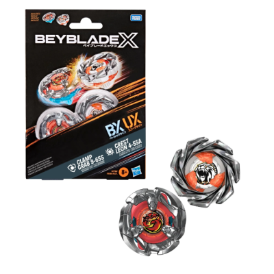 Beyblade X toy set with two spinning tops and black packaging
