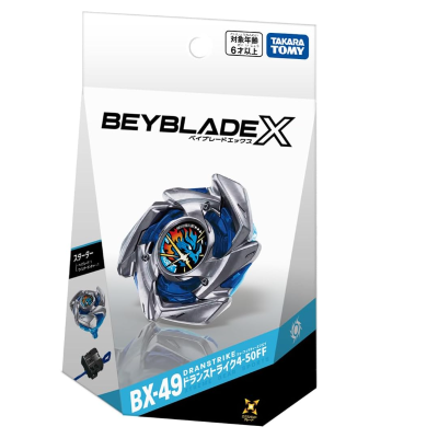 Beyblade X BX-49 Dranstrike 4-50FF toy packaging with spinning top image