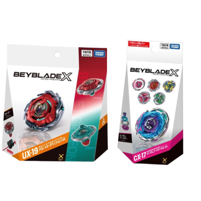 Two Beyblade X spinning top toy sets in packaging, red and teal UX-19 Bullet Griffon and multicolor CX-17 Random Booster Vol.10